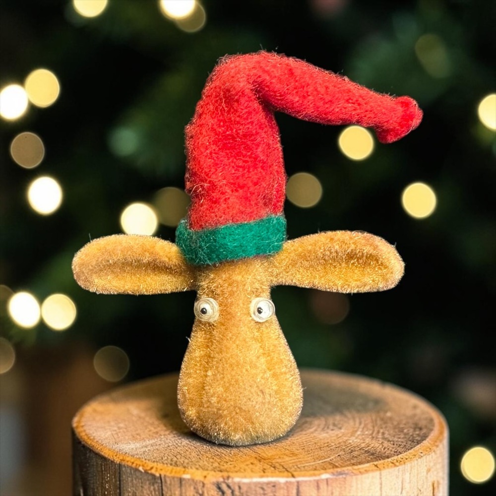 Vintage Flocked‎ Reindeer Elf Hat Lapel Pin Christmas Novelty Brooch